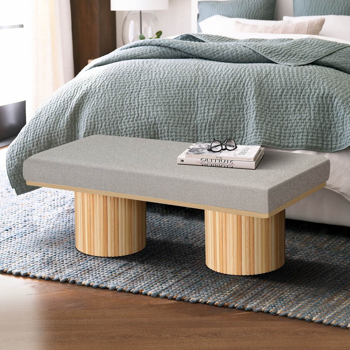 Upholstered Bench with Black Chunky Legs Light Grey Boucle Fabric Contemporary Style Bed-end Bench for Bedroom Living Room - Sonkuki