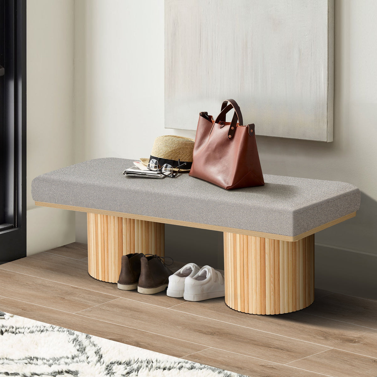 Upholstered Bench with Black Chunky Legs Light Grey Boucle Fabric Contemporary Style Bed-end Bench for Bedroom Living Room - Sonkuki
