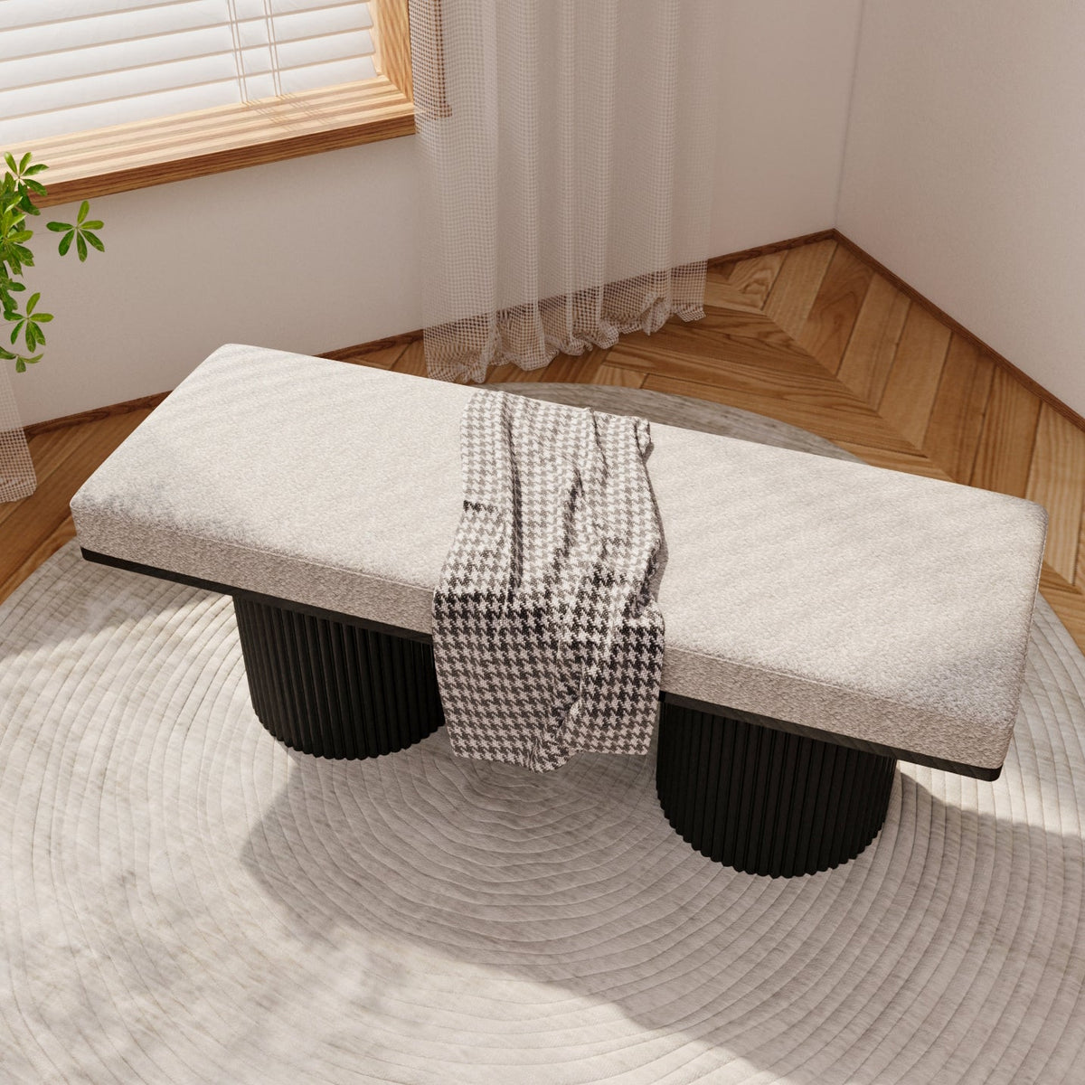 Upholstered Bench with Black Chunky Legs Light Grey Boucle Fabric Contemporary Style Bed-end Bench for Bedroom Living Room - Sonkuki