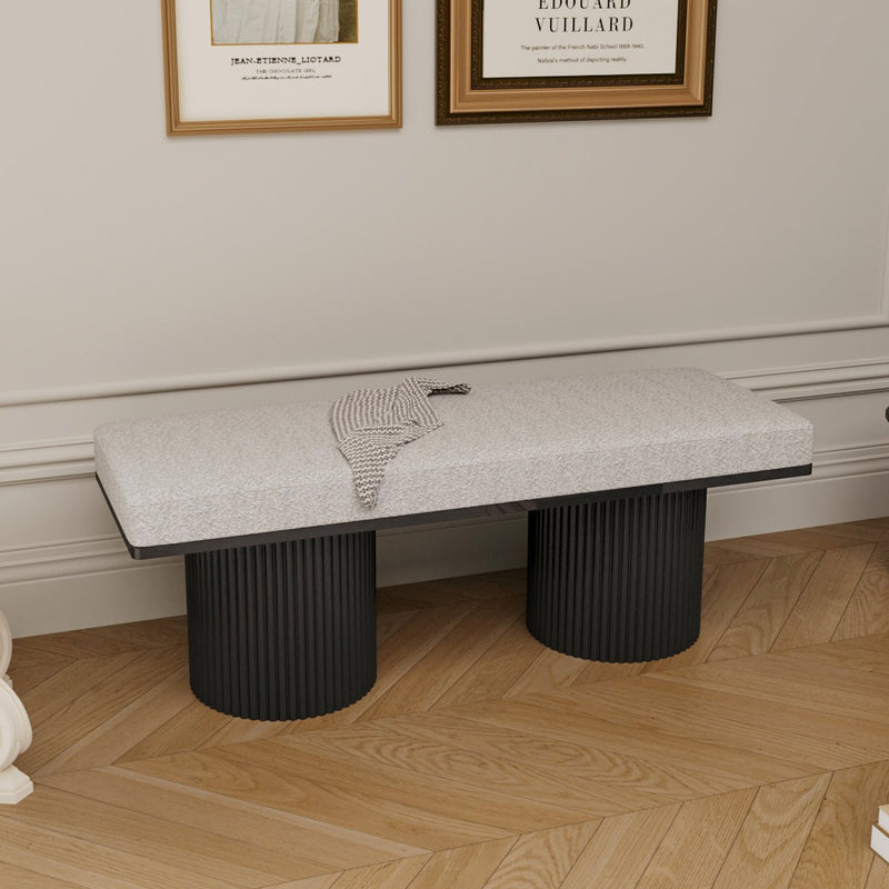 Upholstered Bench with Black Chunky Legs Light Grey Boucle Fabric Contemporary Style Bed-end Bench for Bedroom Living Room - Sonkuki