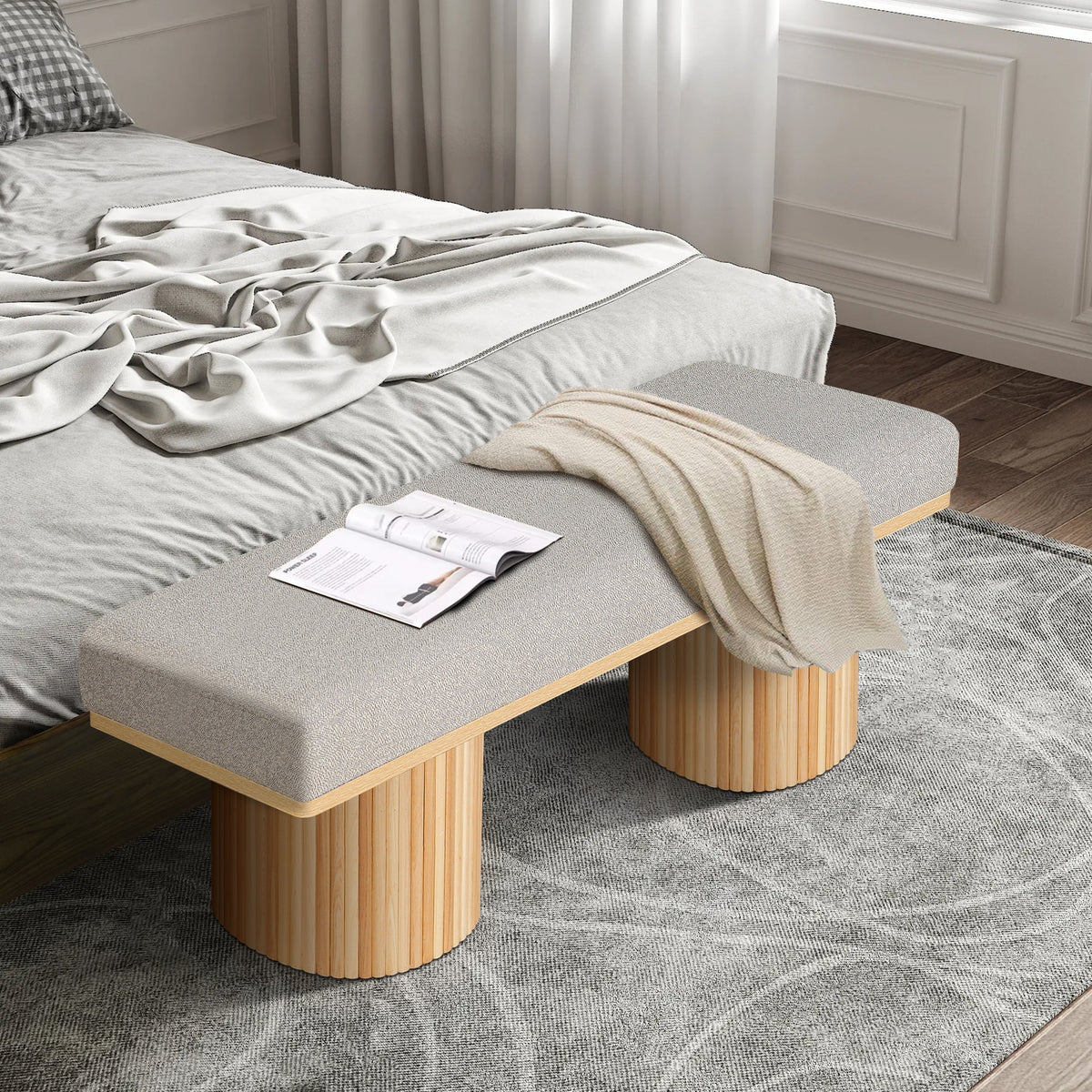 Upholstered Bench with Black Chunky Legs Light Grey Boucle Fabric Contemporary Style Bed-end Bench for Bedroom Living Room - Sonkuki
