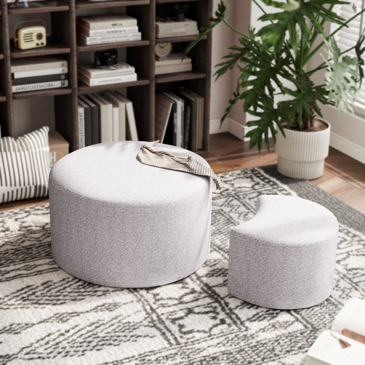 Upholstered Nesting Coffee Tables (Set of 2), Side Table, Footrest, Ottoman & Seat for Living Room Bedroom Entryway Office, Beige Yarn Dyed Fabric - Sonkuki