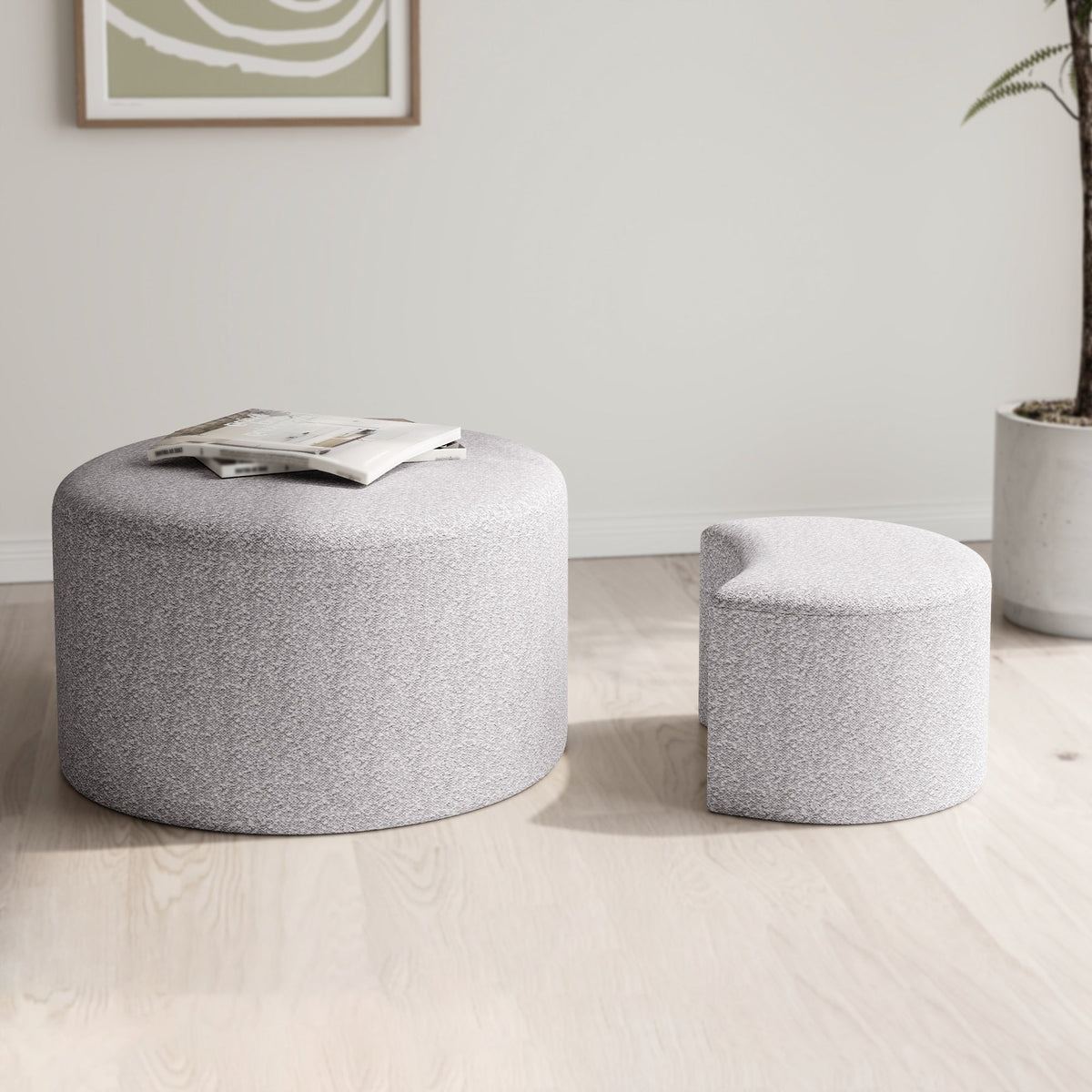 Upholstered Nesting Coffee Tables (Set of 2), Side Table, Footrest, Ottoman & Seat for Living Room Bedroom Entryway Office, Beige Yarn Dyed Fabric - Sonkuki