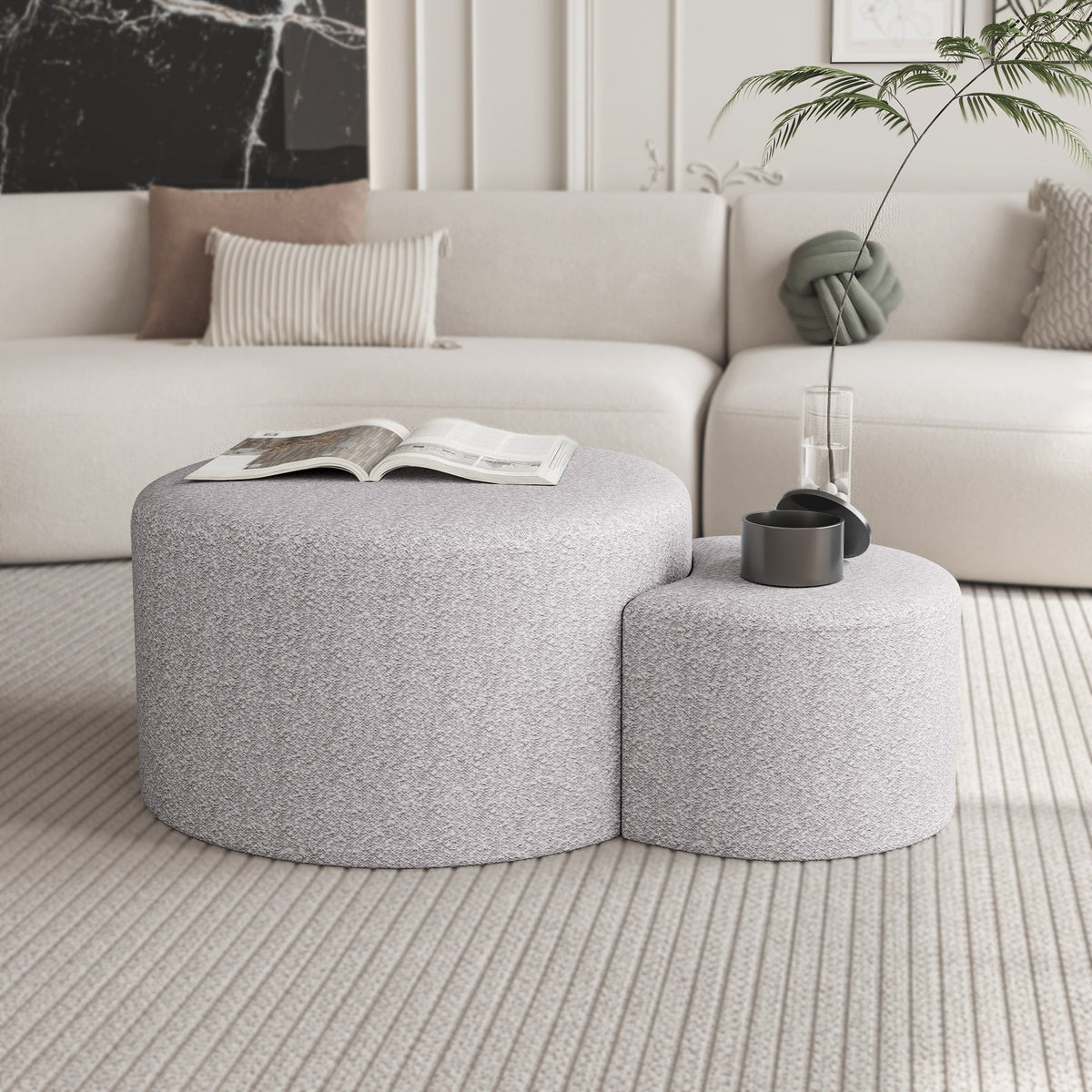 Upholstered Nesting Coffee Tables (Set of 2), Side Table, Footrest, Ottoman & Seat for Living Room Bedroom Entryway Office, Beige Yarn Dyed Fabric - Sonkuki