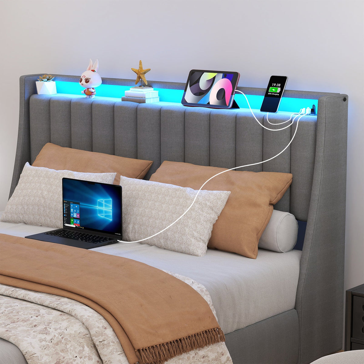 Vertical-Tufted Upholstered Storage Bed with Drawers, RGB LED Lights and Charging Station - Sonkuki