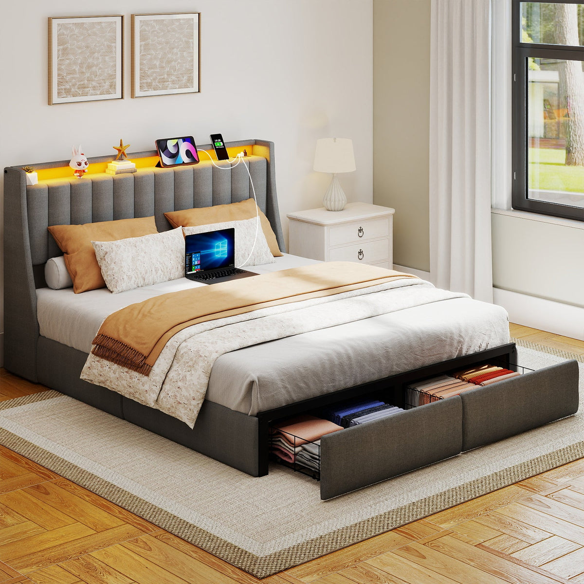 Vertical-Tufted Upholstered Storage Bed with Drawers, RGB LED Lights and Charging Station - Sonkuki