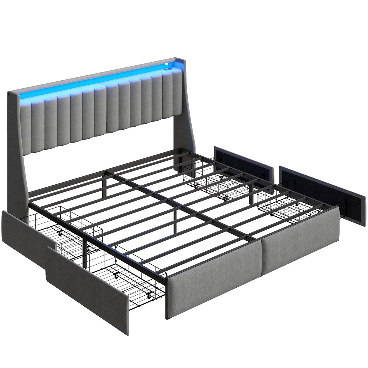 Vertical-Tufted Upholstered Storage Bed with Drawers, RGB LED Lights and Charging Station - Sonkuki