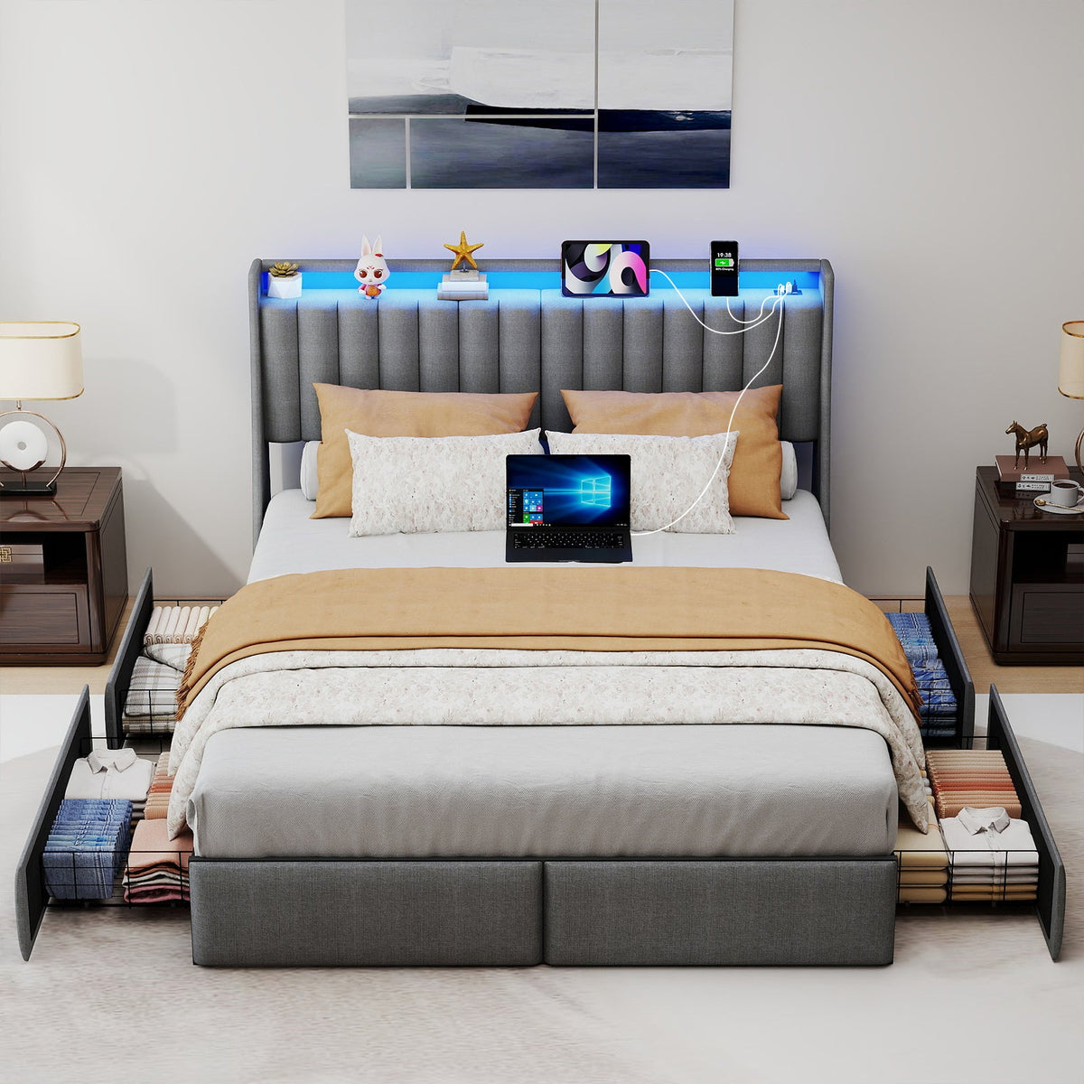 Vertical-Tufted Upholstered Storage Bed with Drawers, RGB LED Lights and Charging Station - Sonkuki