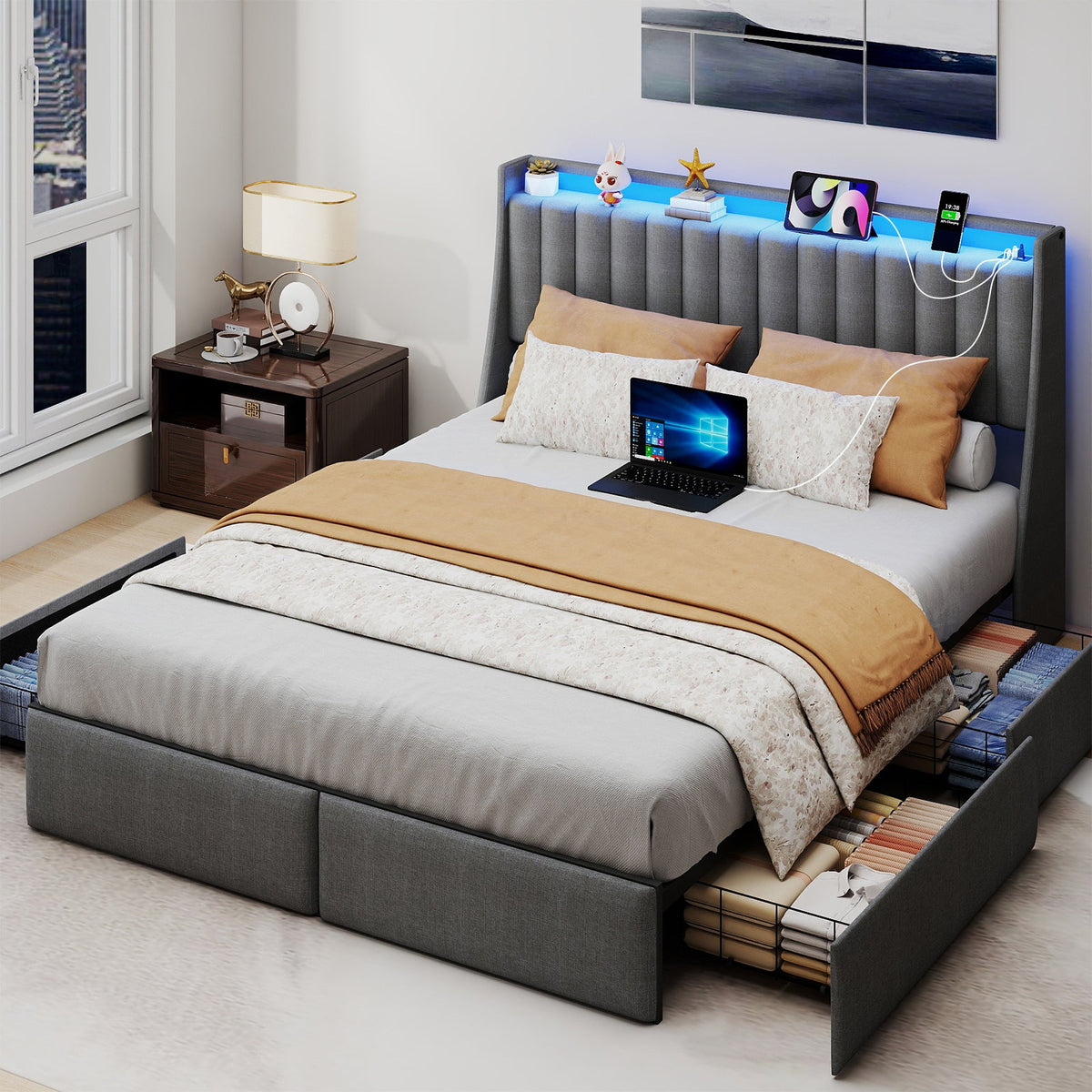 Vertical-Tufted Upholstered Storage Bed with Drawers, RGB LED Lights and Charging Station - Sonkuki