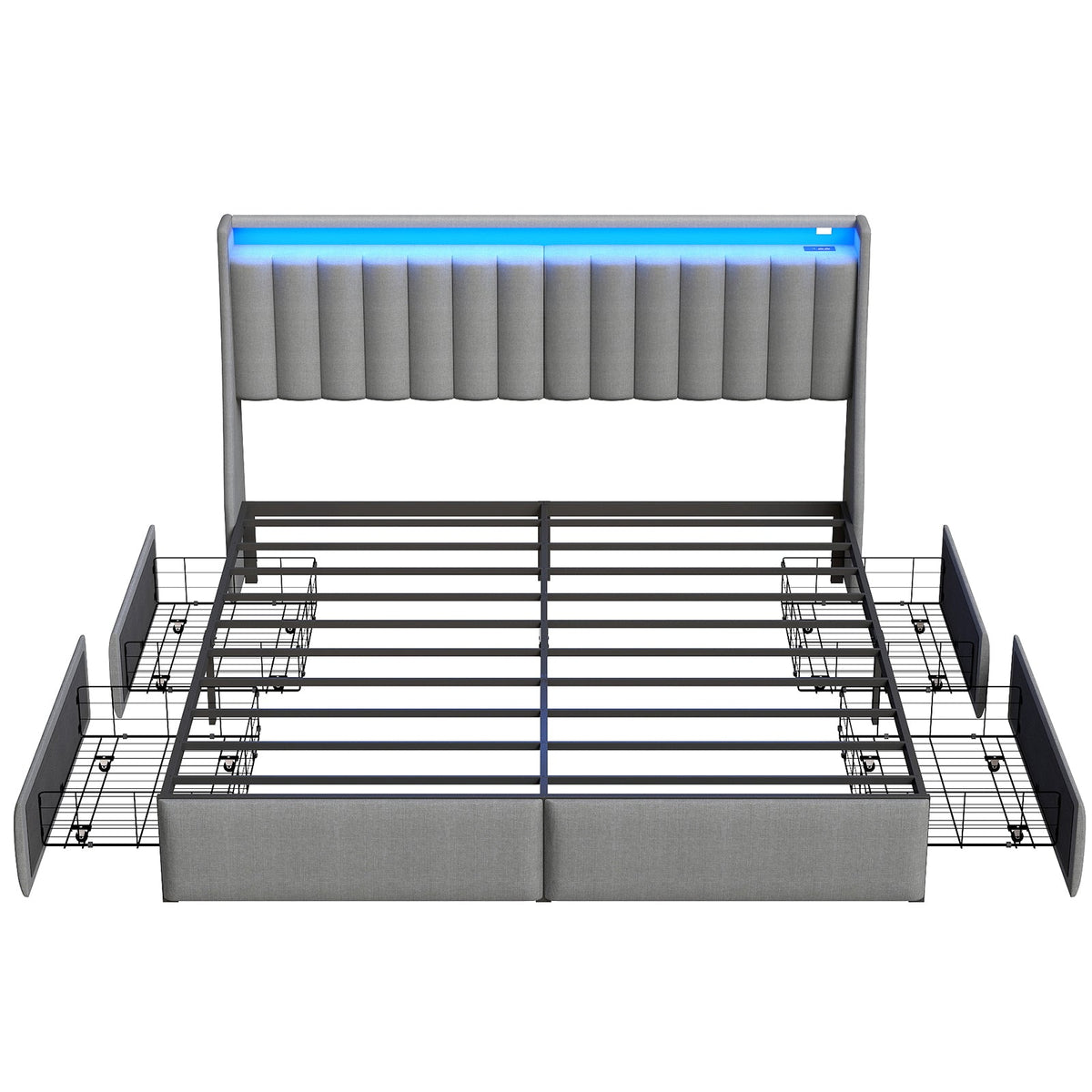 Vertical-Tufted Upholstered Storage Bed with Drawers, RGB LED Lights and Charging Station - Sonkuki