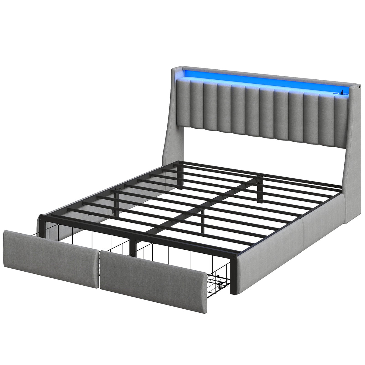 Vertical-Tufted Upholstered Storage Bed with Drawers, RGB LED Lights and Charging Station - Sonkuki