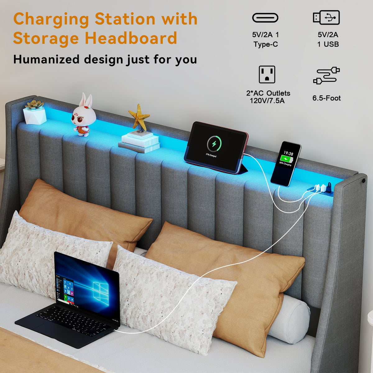 Vertical-Tufted Upholstered Storage Bed with Drawers, RGB LED Lights and Charging Station - Sonkuki