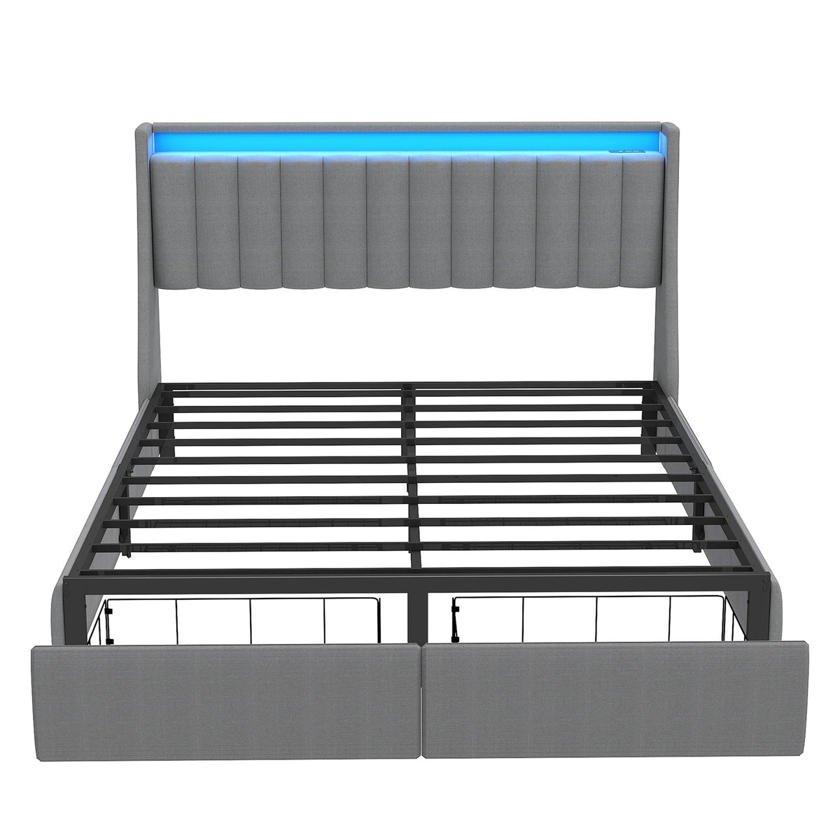 Vertical-Tufted Upholstered Storage Bed with Drawers, RGB LED Lights and Charging Station - Sonkuki