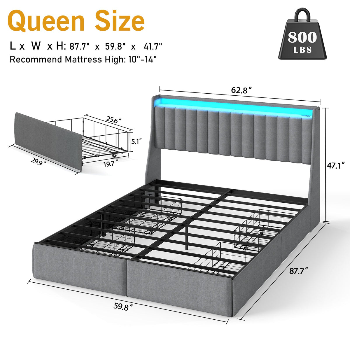 Vertical-Tufted Upholstered Storage Bed with Drawers, RGB LED Lights and Charging Station - Sonkuki