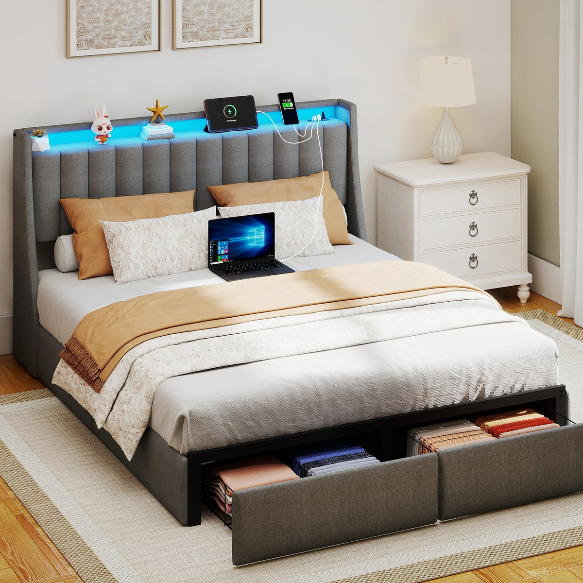 Vertical-Tufted Upholstered Storage Bed with Drawers, RGB LED Lights and Charging Station - Sonkuki