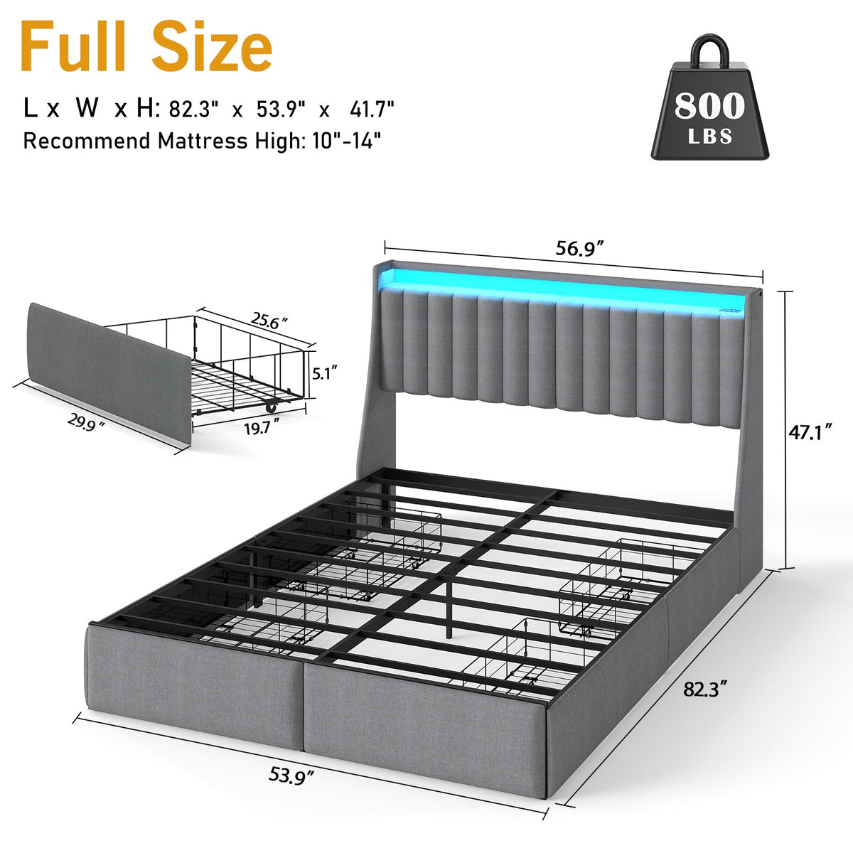 Vertical-Tufted Upholstered Storage Bed with Drawers, RGB LED Lights and Charging Station - Sonkuki