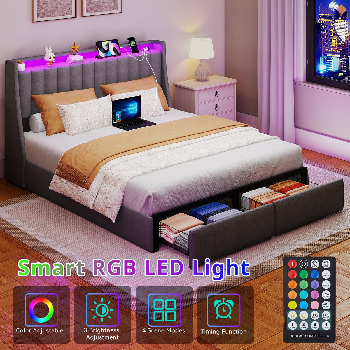 Vertical-Tufted Upholstered Storage Bed with Drawers, RGB LED Lights and Charging Station - Sonkuki
