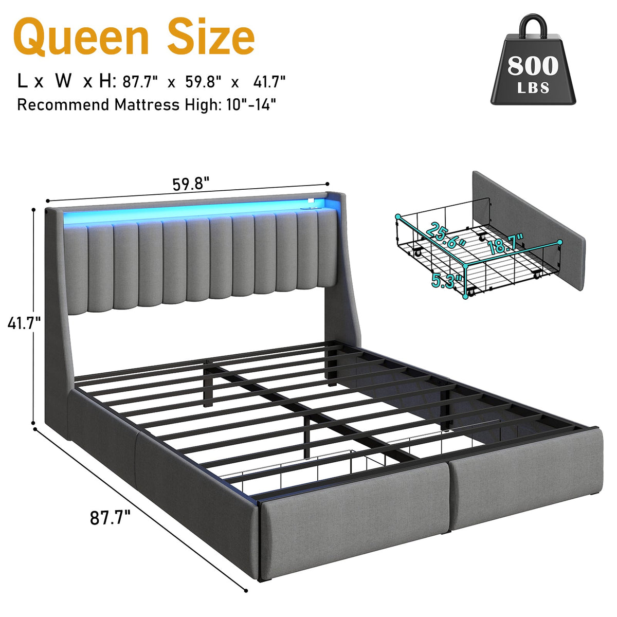 Vertical-Tufted Upholstered Storage Bed with Drawers, RGB LED Lights and Charging Station - Sonkuki