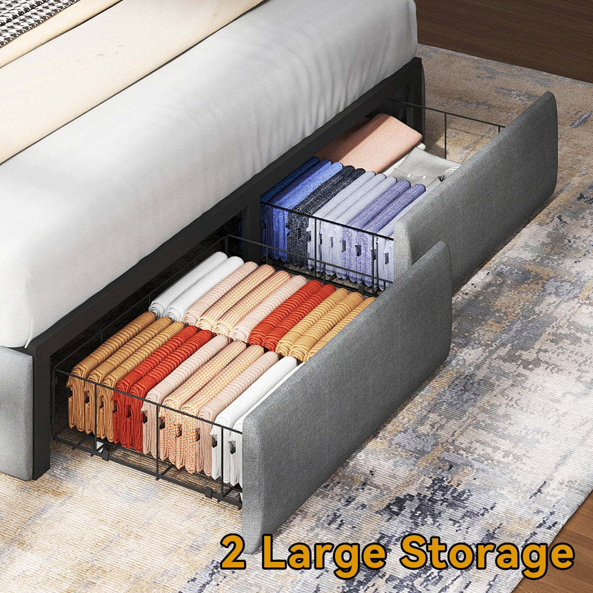 Vertical-Tufted Upholstered Storage Bed with Drawers, RGB LED Lights and Charging Station - Sonkuki