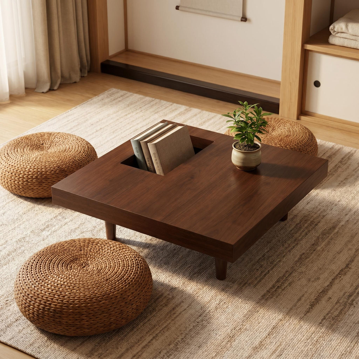 Square wooden coffee table, 34.5 inches, with storage; walnut coffee table suitable for the living room, bedroom or office - main product image