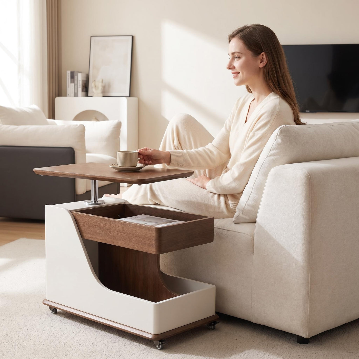 A small side table or coffee table with an adjustable height, suitable for the living room, balcony or bedroom. It is portable and features storage compartments, available in off-white and walnut. - main product image