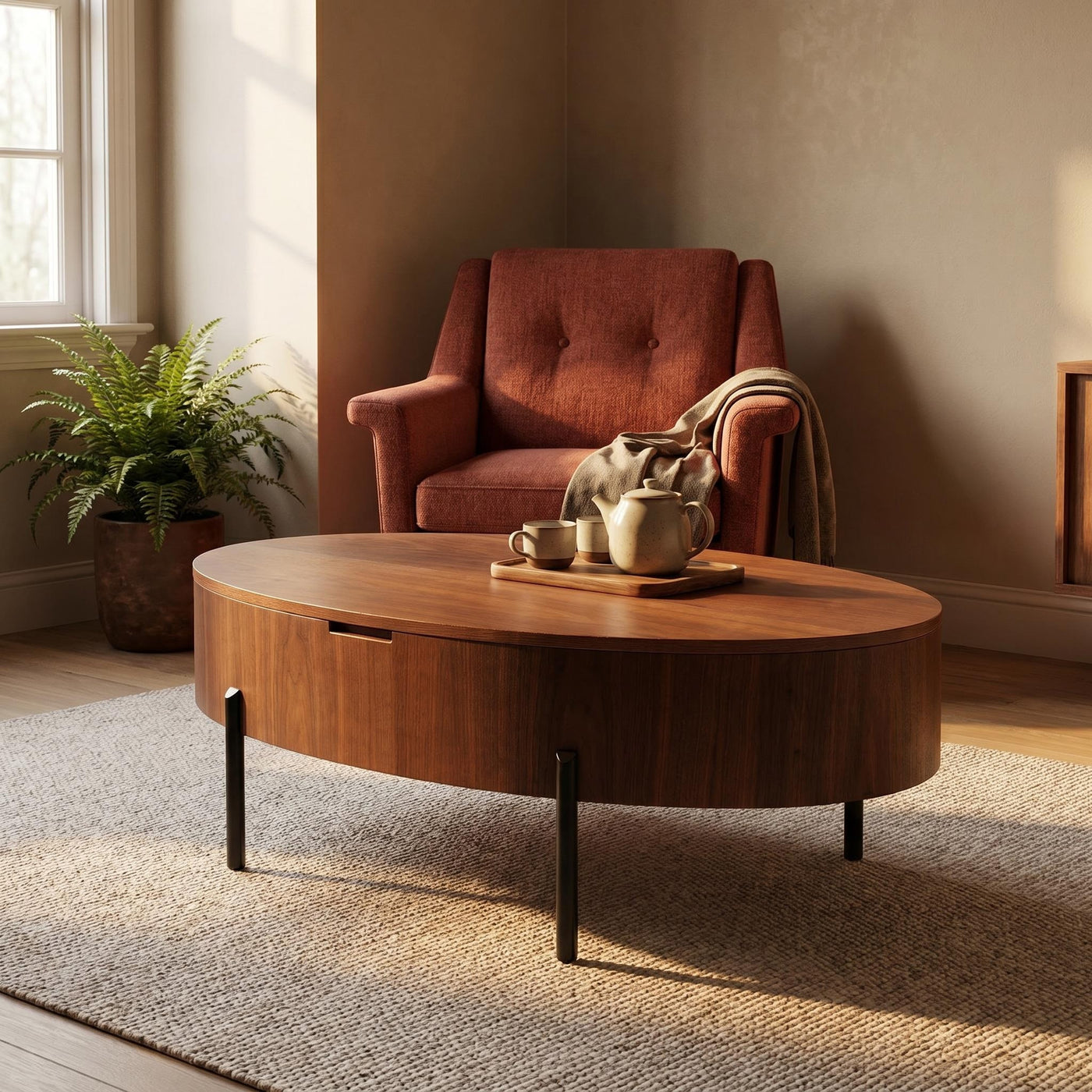 43.3-inch height-adjustable coffee table with solid wood veneer; modern-style coffee table with storage and adjustable height, suitable for living rooms, bedrooms, flats or offices; walnut colour - main product image
