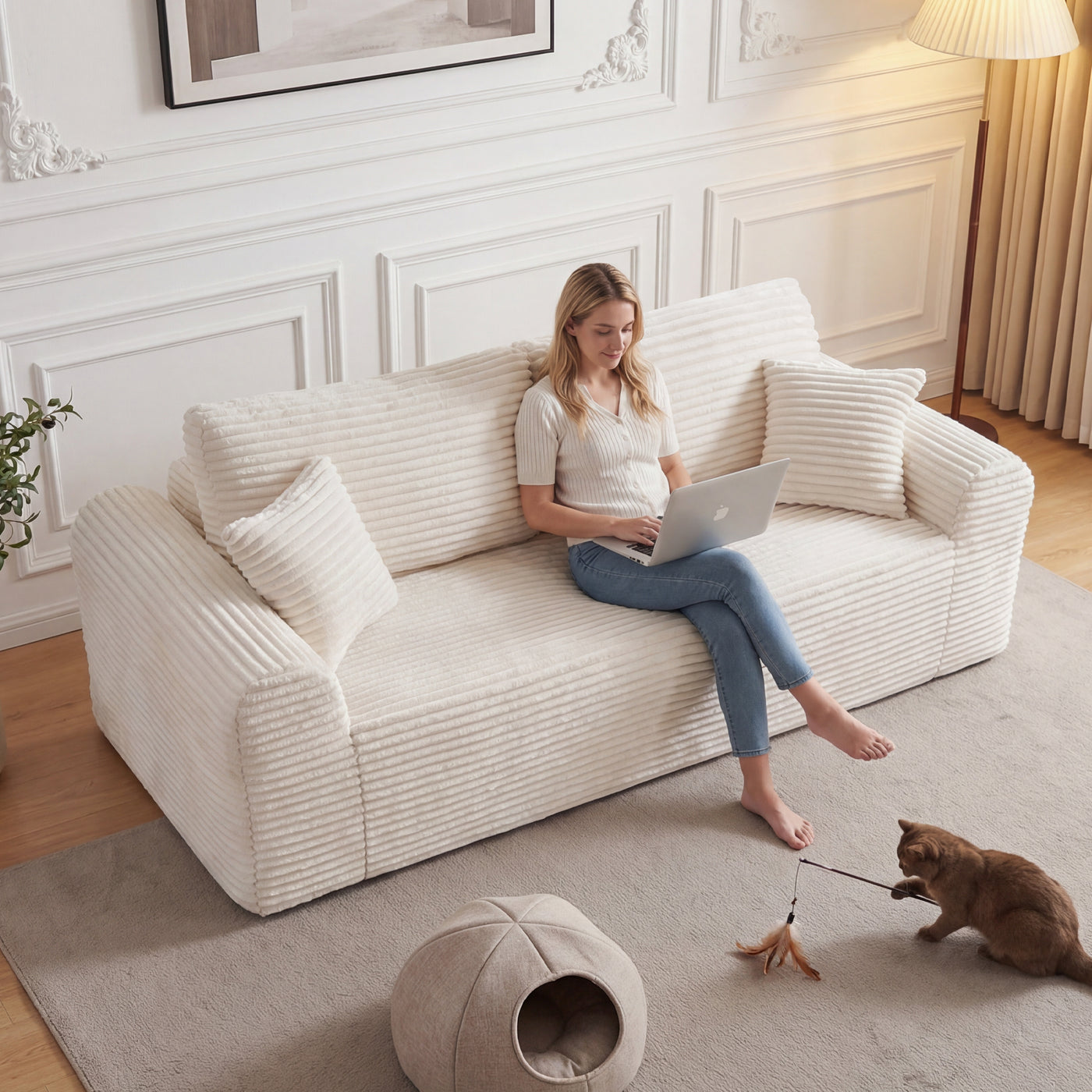 3 Seater Couch, Corduroy Boneless Couches for Living Room,26.4" Cloud Couch with Deep Seat,Comfy Floor Sofa with 2 Pillows,Upholstered Floor Sofa in A Box - main product image