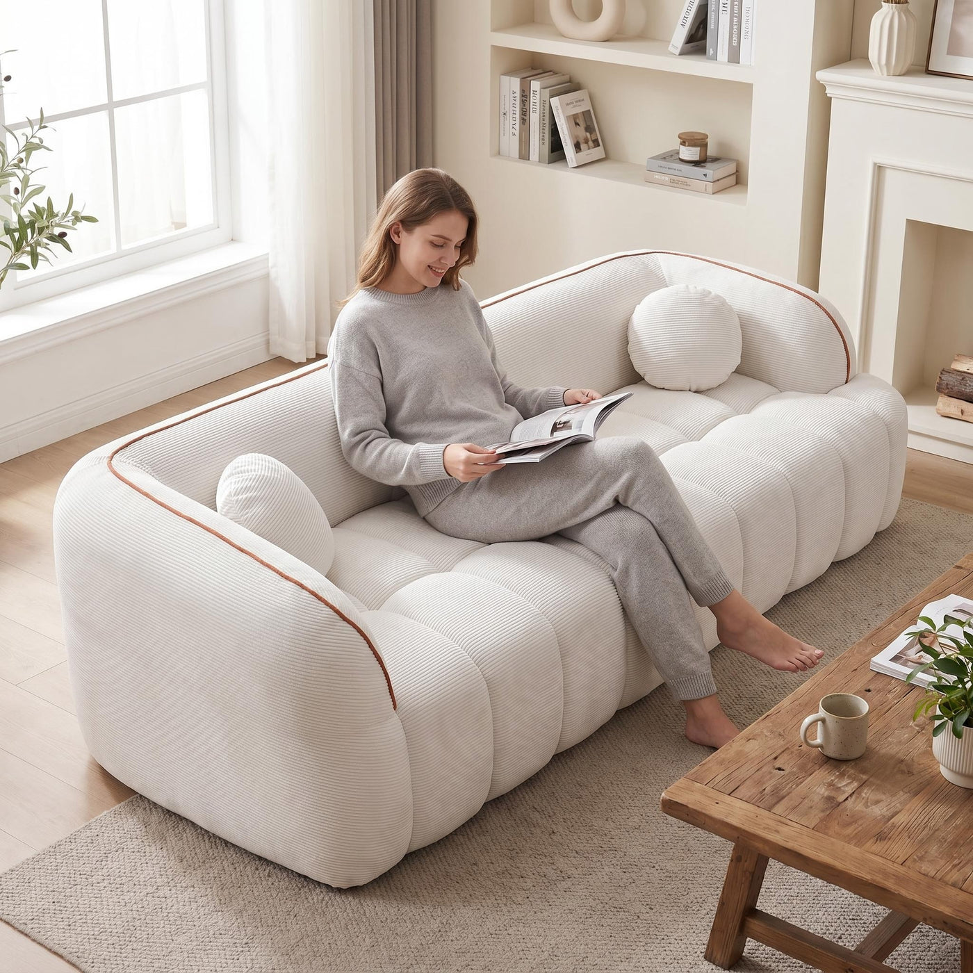98.4" Modern Compressed Sofa, Cloud Couch 3-Seater Corduroy Sofa, No Assembly Required, Bubble Channel Tufted Couch with 2 Pillows, Comfy Deep Seat for Living Room, Apartment, Office - main product image