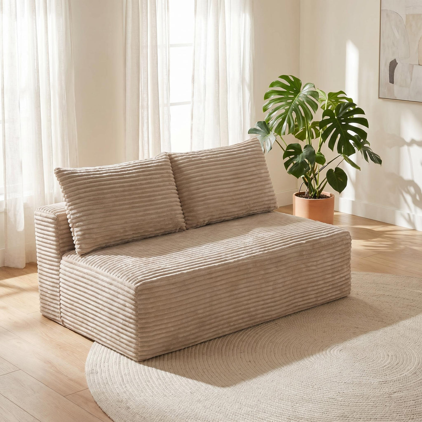 Camel Corduroy Ground-Hugging Compressed Loveseat, Armless No-Legs 2-Seater Sofa for Living Room Small Apartment - main product image