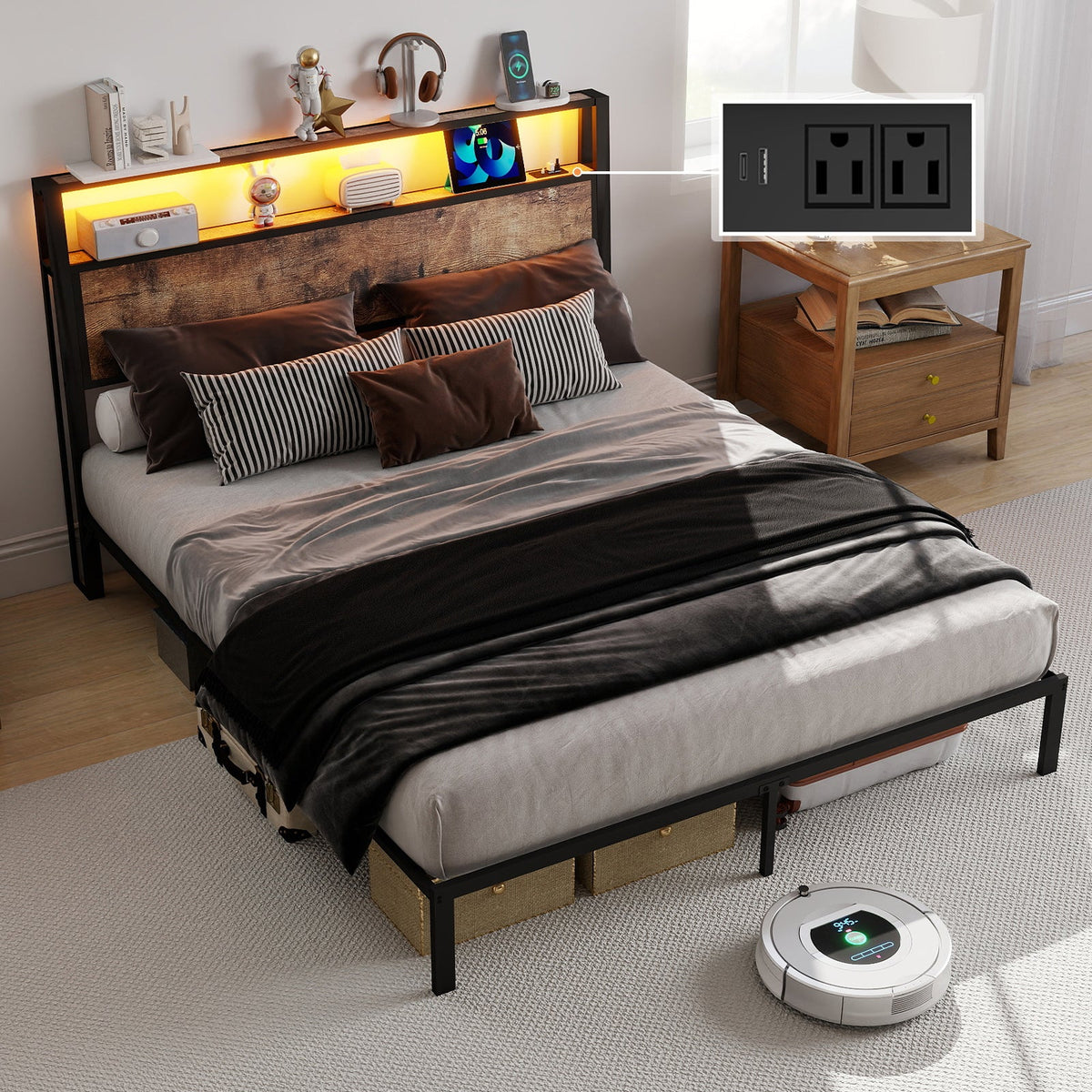 Wood-Grain Platform Bed with Storage Headboard, RGB LED Lights and Charging Station - Sonkuki