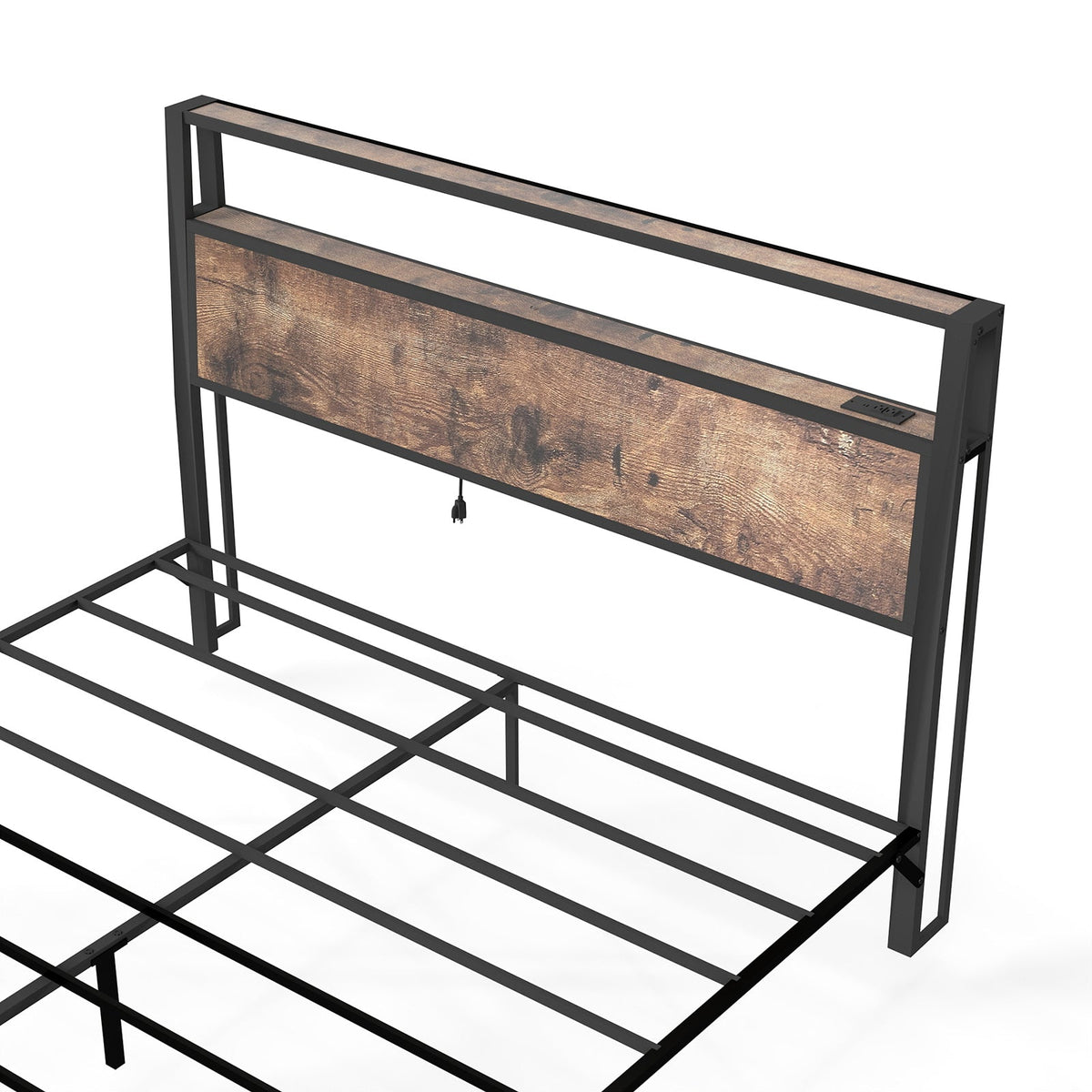 Wood-Grain Platform Bed with Storage Headboard, RGB LED Lights and Charging Station - Sonkuki