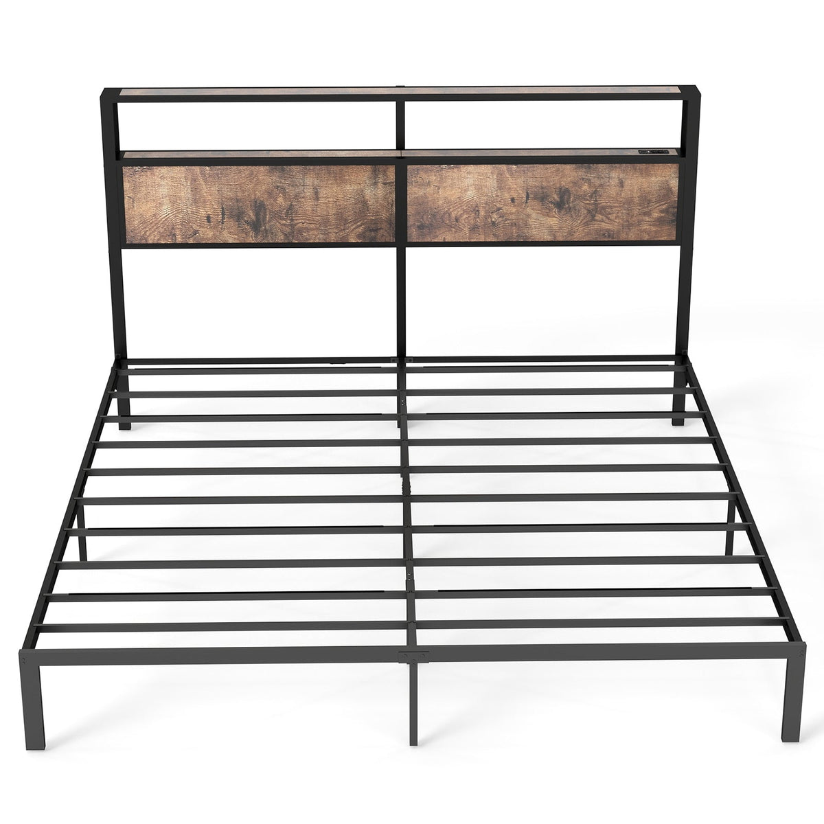 Wood-Grain Platform Bed with Storage Headboard, RGB LED Lights and Charging Station - Sonkuki