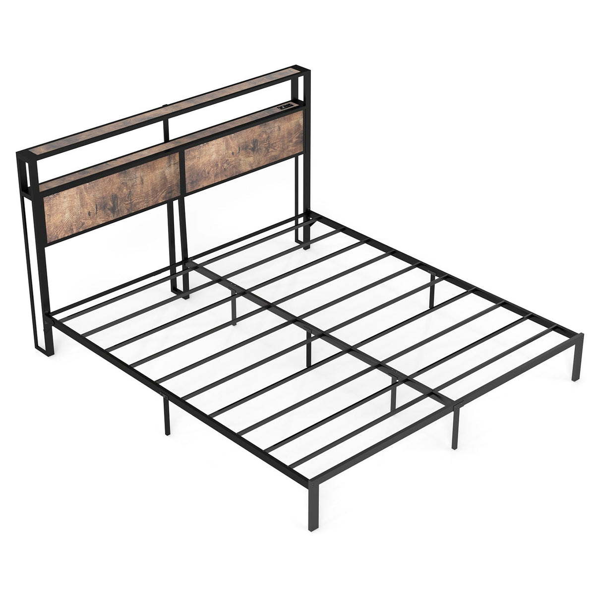 Wood-Grain Platform Bed with Storage Headboard, RGB LED Lights and Charging Station - Sonkuki