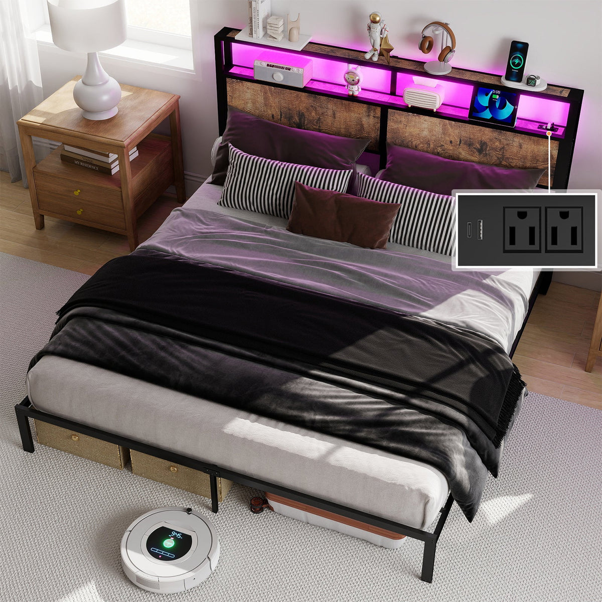 Wood-Grain Platform Bed with Storage Headboard, RGB LED Lights and Charging Station - Sonkuki