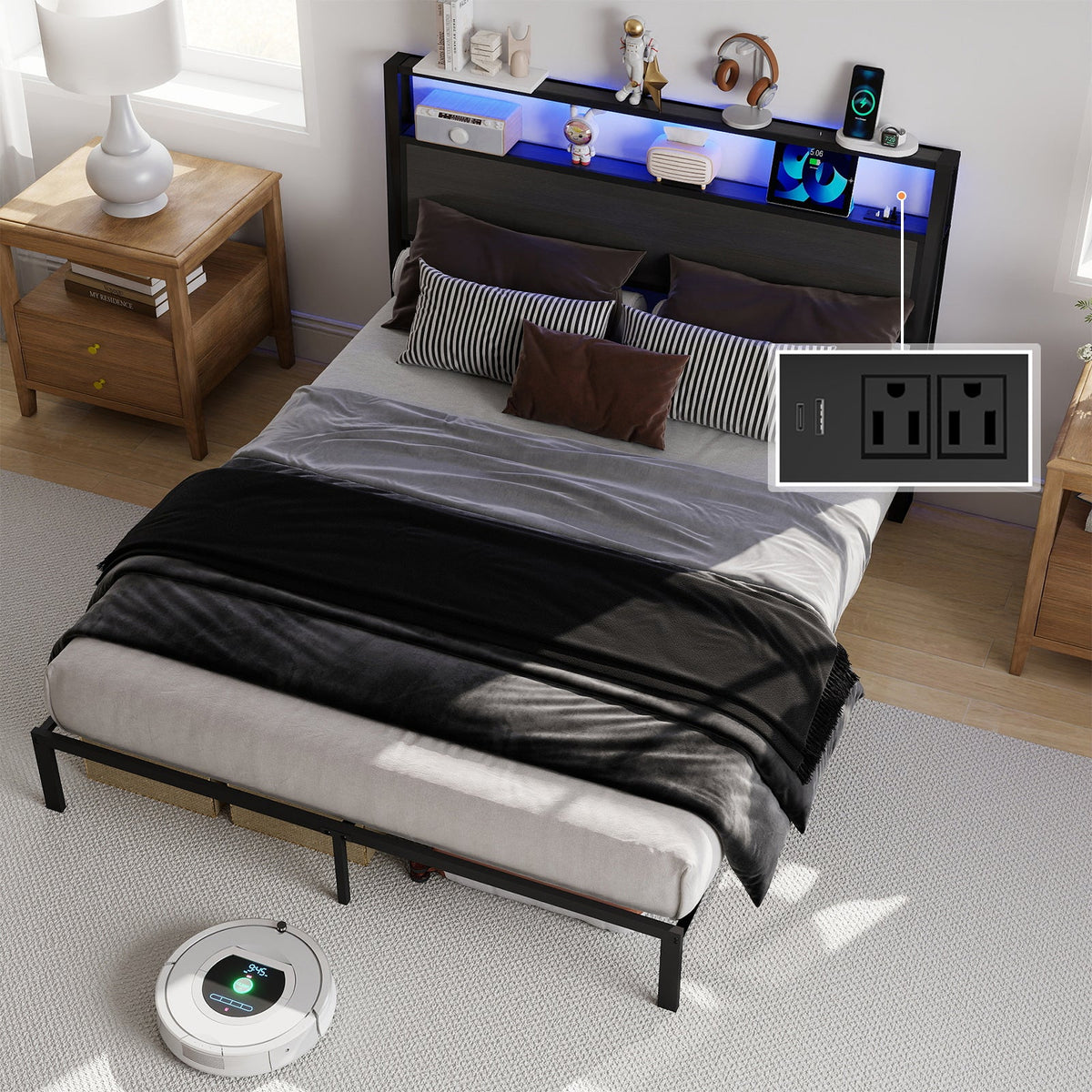 Wood-Grain Platform Bed with Storage Headboard, RGB LED Lights and Charging Station - Sonkuki