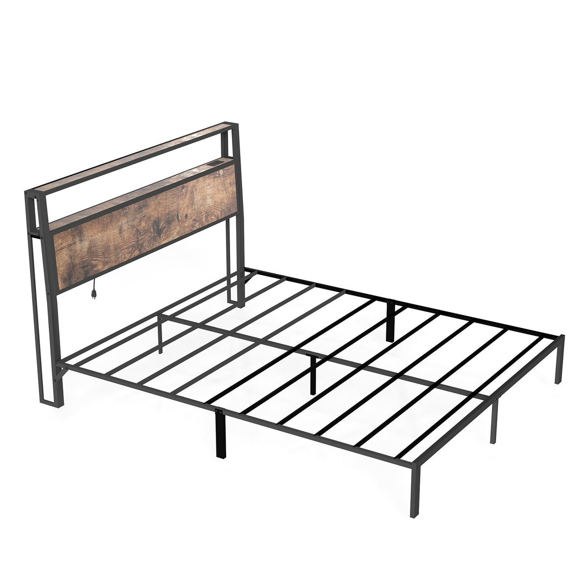 Wood-Grain Platform Bed with Storage Headboard, RGB LED Lights and Charging Station - Sonkuki