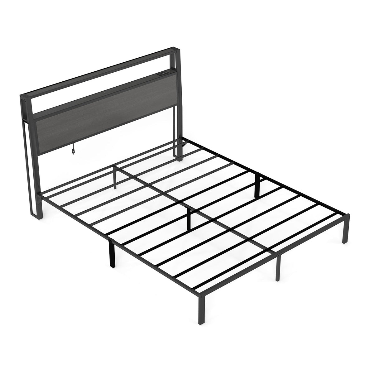 Wood-Grain Platform Bed with Storage Headboard, RGB LED Lights and Charging Station - Sonkuki