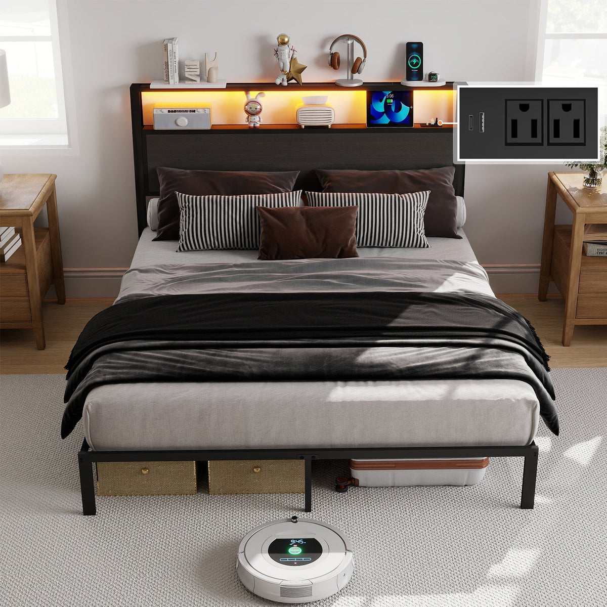 Wood-Grain Platform Bed with Storage Headboard, RGB LED Lights and Charging Station - Sonkuki