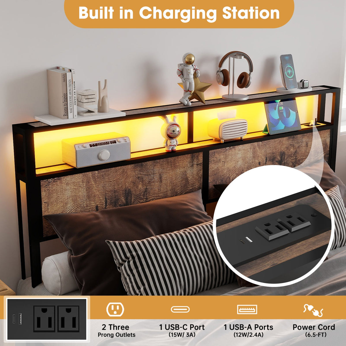 Wood-Grain Platform Bed with Storage Headboard, RGB LED Lights and Charging Station - Sonkuki