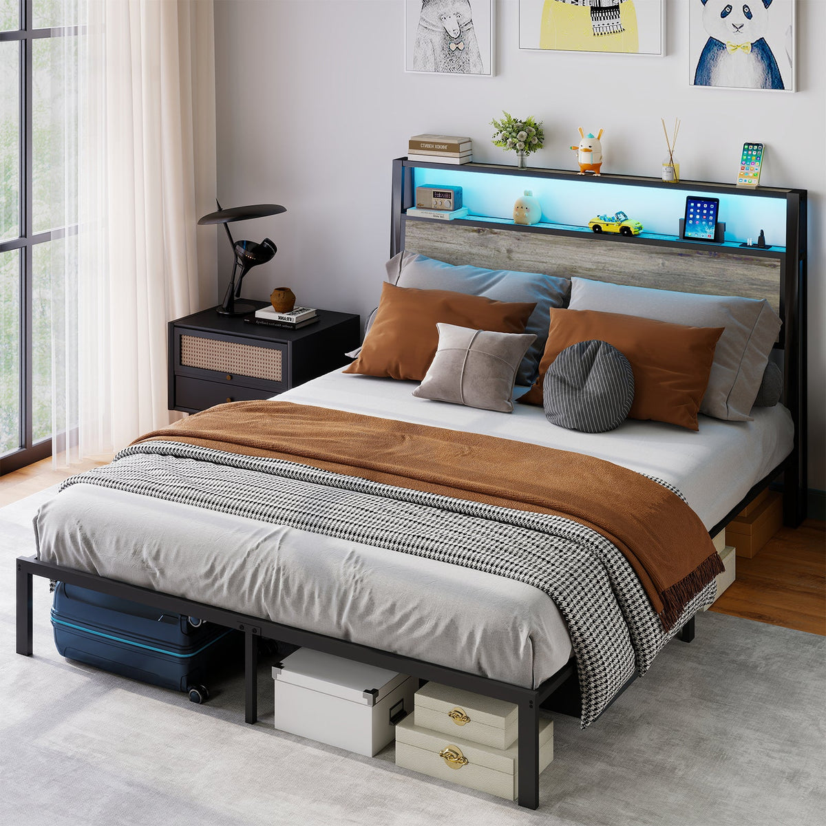 Wood-Grain Platform Bed with Storage Headboard, RGB LED Lights and Charging Station - Sonkuki