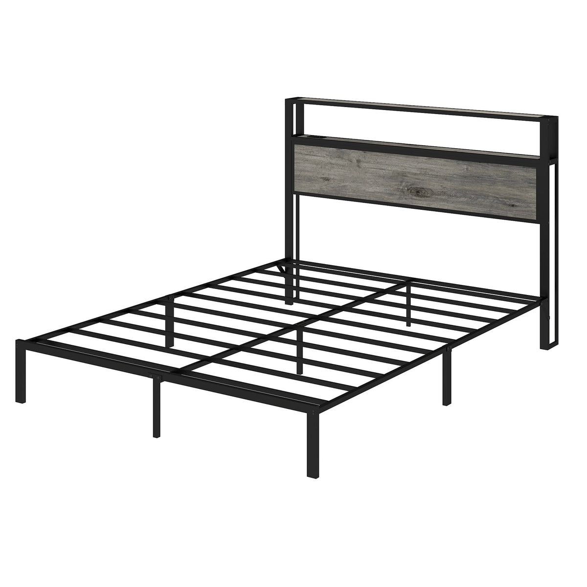 Wood-Grain Platform Bed with Storage Headboard, RGB LED Lights and Charging Station - Sonkuki