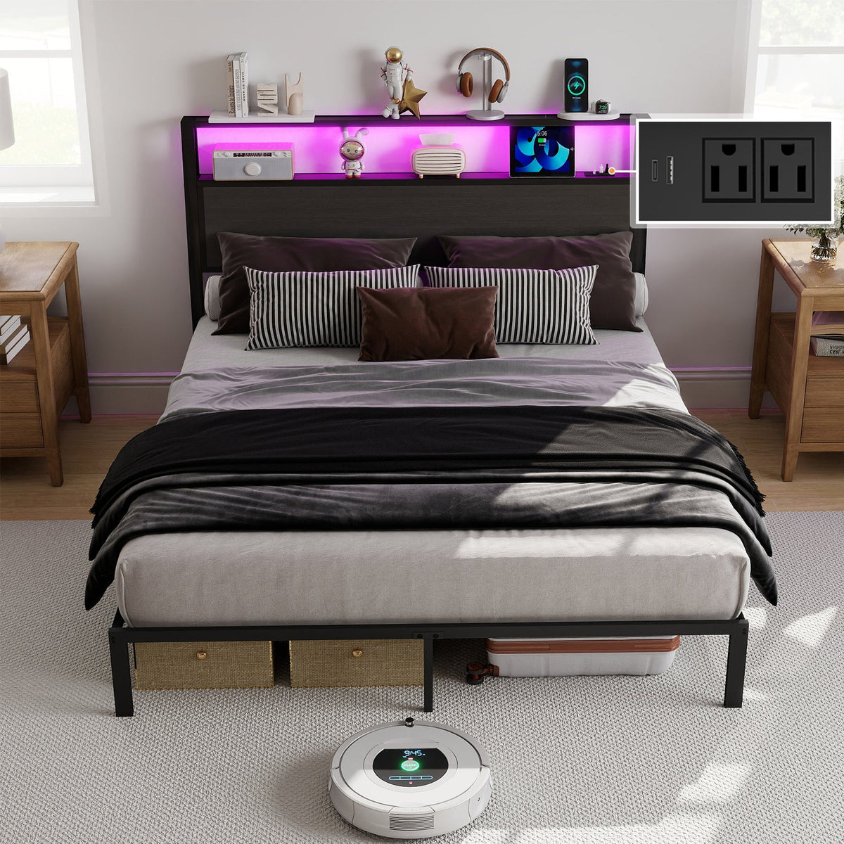 Wood-Grain Platform Bed with Storage Headboard, RGB LED Lights and Charging Station - Sonkuki