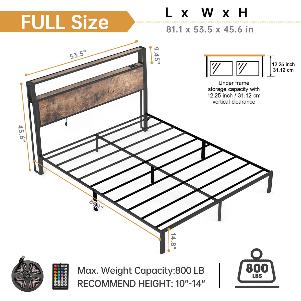 Wood-Grain Platform Bed with Storage Headboard, RGB LED Lights and Charging Station - Sonkuki
