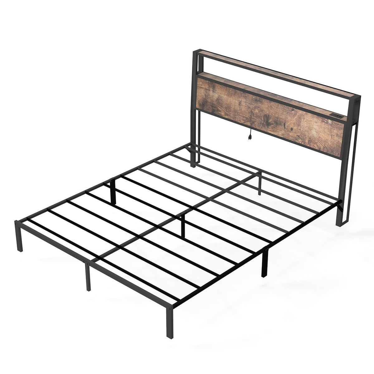 Wood-Grain Platform Bed with Storage Headboard, RGB LED Lights and Charging Station - Sonkuki