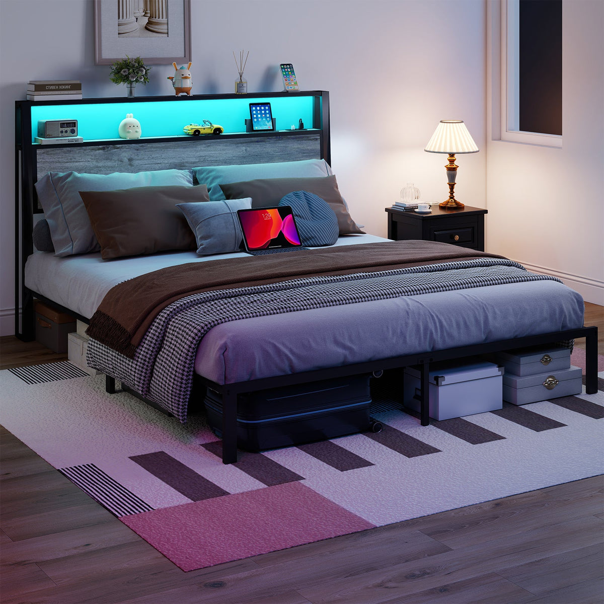 Wood-Grain Platform Bed with Storage Headboard, RGB LED Lights and Charging Station - Sonkuki