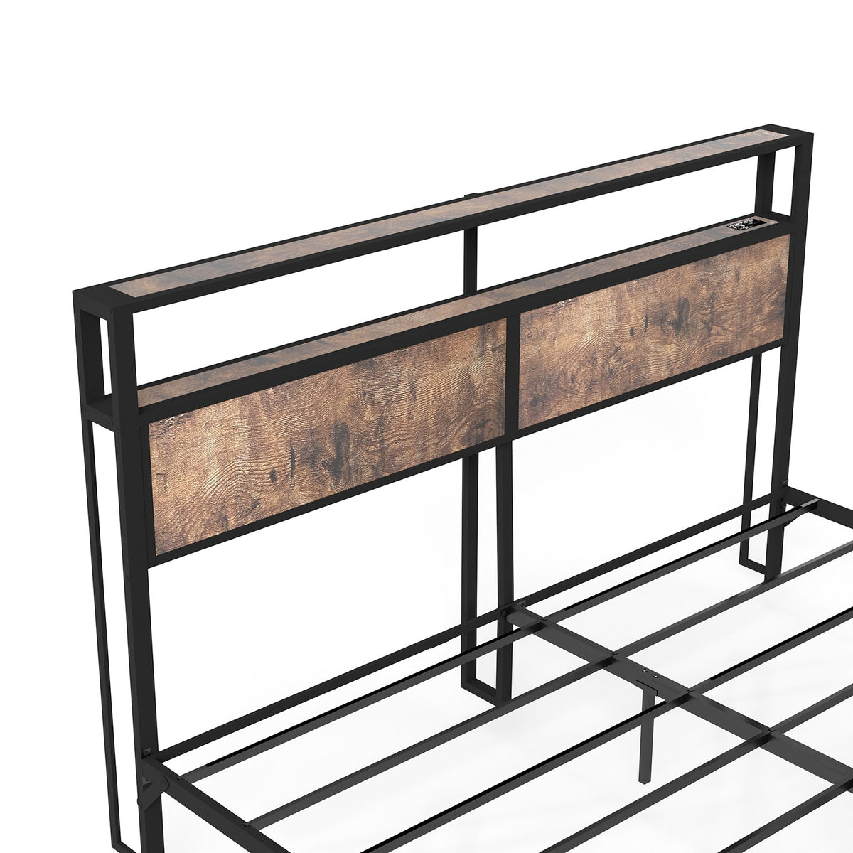 Wood-Grain Platform Bed with Storage Headboard, RGB LED Lights and Charging Station - Sonkuki