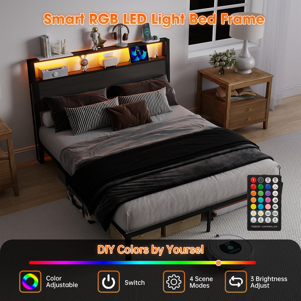 Wood-Grain Platform Bed with Storage Headboard, RGB LED Lights and Charging Station - Sonkuki