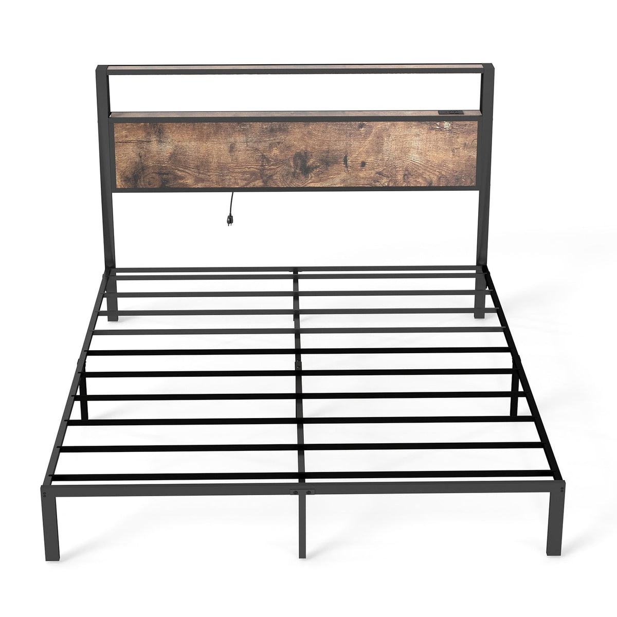 Wood-Grain Platform Bed with Storage Headboard, RGB LED Lights and Charging Station - Sonkuki
