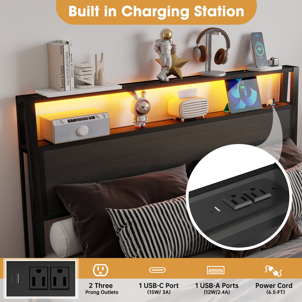 Wood-Grain Platform Bed with Storage Headboard, RGB LED Lights and Charging Station - Sonkuki