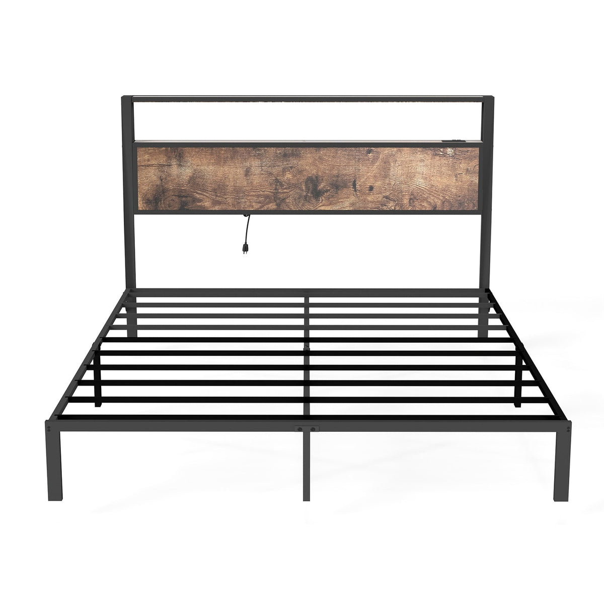 Wood-Grain Platform Bed with Storage Headboard, RGB LED Lights and Charging Station - Sonkuki